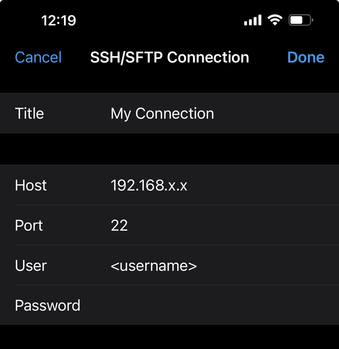 Screenshot of connecting to a server via SFTP